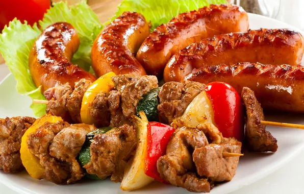 Plate, kebab, sausages, wieners