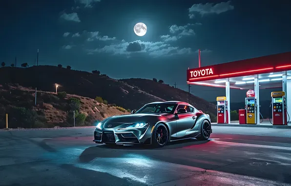 Car, Japan, Moon, Toyota, grey, night, Supra, gas