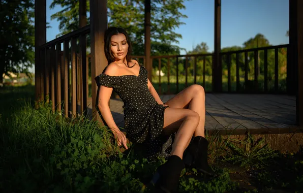 Girl, sweetheart, model, Gazebo, brunette, Wallpaper, Heels, Boots