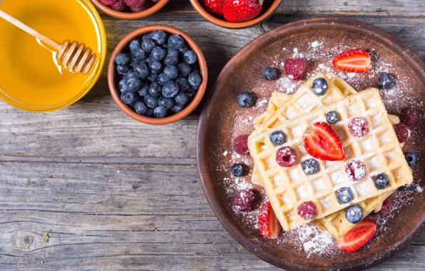 Berries, raspberry, food, blueberries, strawberry, honey, dessert, waffles