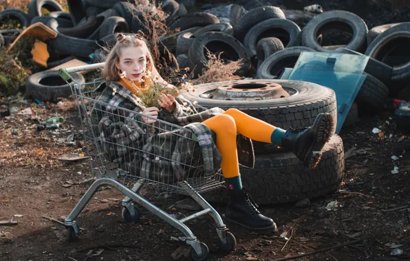 Girl, flowers, face, chamomile, shoes, tires, blonde, dump