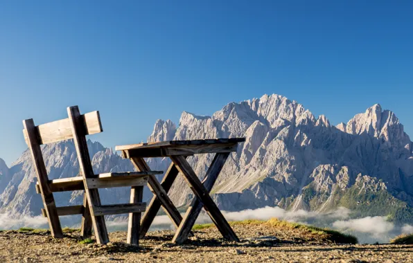 Picture mountains, table, relax, bench
