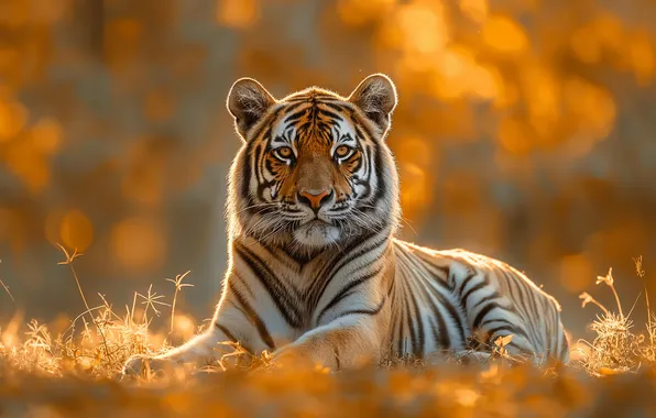 Autumn, look, face, light, nature, tiger, glade, lies