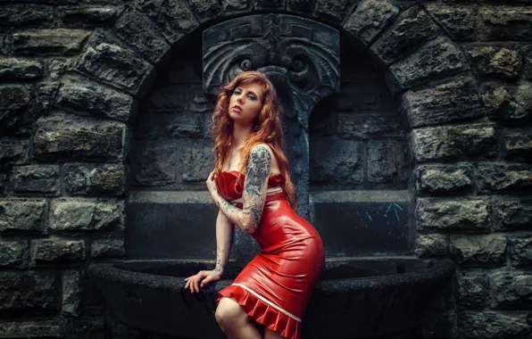 Picture girl, pose, style, model, tattoo, latex, fountain, red