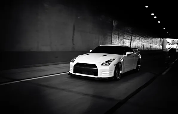 White, Nissan, white, GT-R, sports car, Nissan, in motion