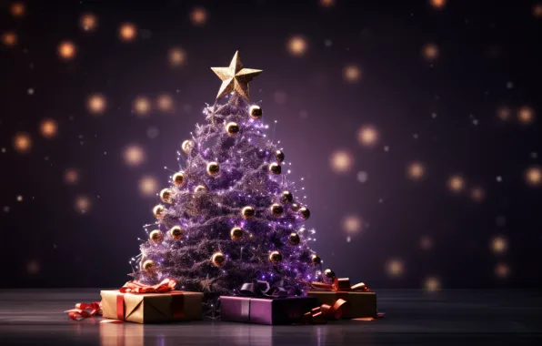 Balls, lights, the dark background, star, Shine, Christmas, purple, gifts
