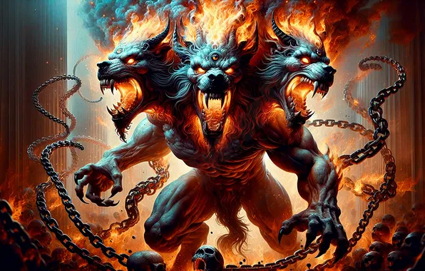 Fire, flame, being, chain, Cerberus, the Hellhound