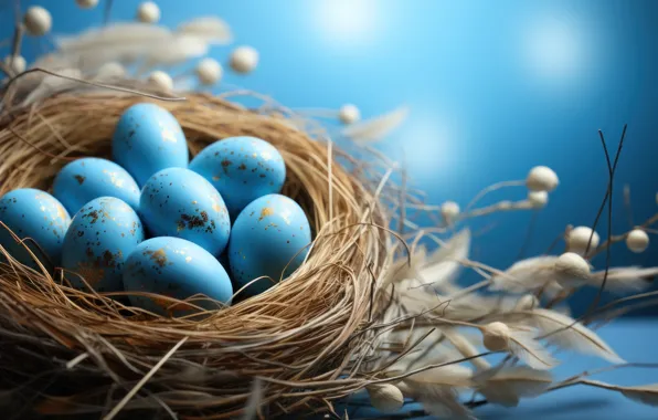 Flowers, holiday, eggs, spring, blue, Easter, socket, bokeh