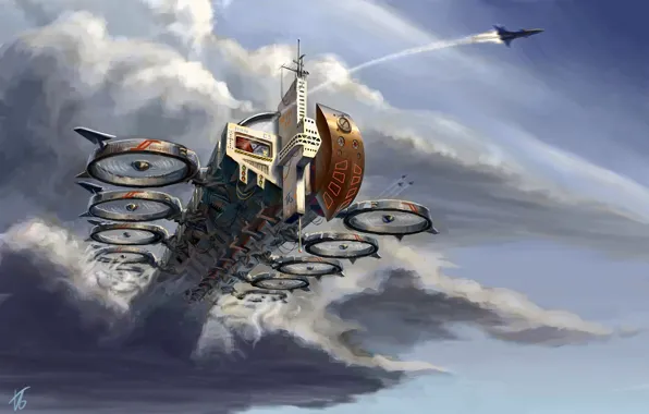 Clouds, transport, ship, art, aircraft, in the sky, edarneor