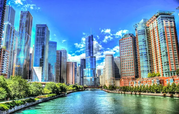 Picture River, Summer, Chicago, Skyscrapers, Building, America, Chicago, America