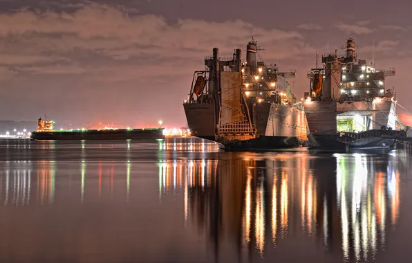 Sea, the sky, night, lights, ship, port