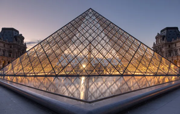 Picture sunset, the city, France, Paris, the evening, The Louvre, lighting, pyramid