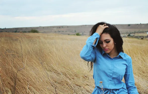 Picture field, the steppe, blue, Girl, dress, lips