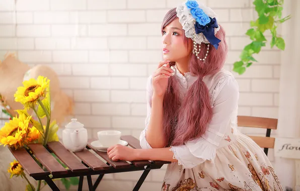 Girl, face, style, hair, makeup, sitting, table