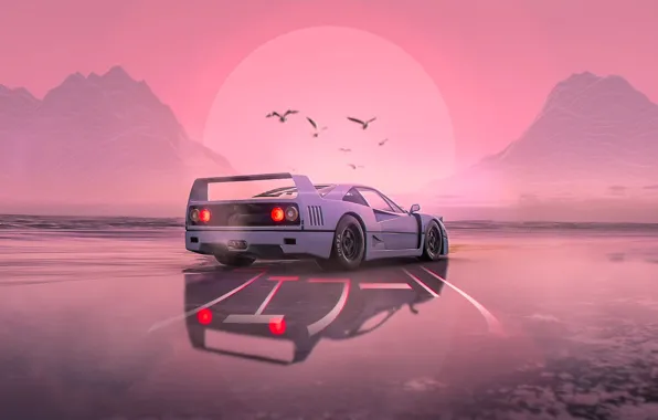 The sun, mountains, birds, neon, spoiler, ferrari, car, Ferrari