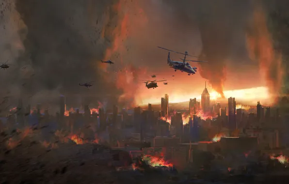 The city, Smoke, War, Helicopters, Tornado, Devastation, The end of the world, Nuclear war