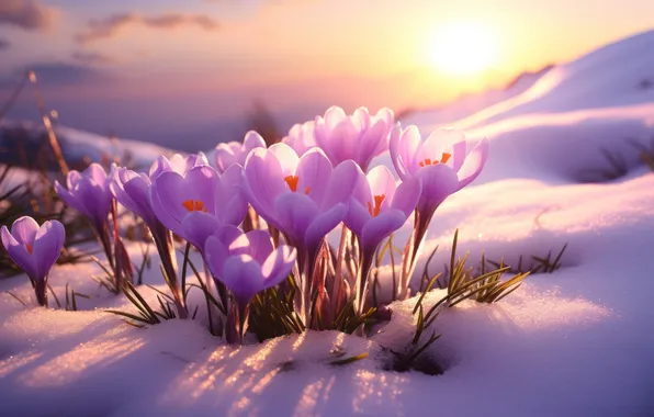 The sun, light, snow, flowers, glade, spring, crocuses, pink
