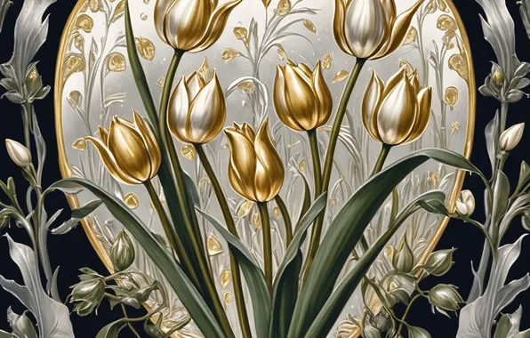 Flowers, pattern, texture, spring, styling, frame, tulips, gold plated