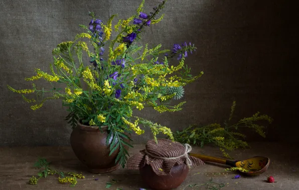 Flowers, table, bouquet, yellow, spoon, still life, honey, bells