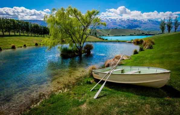 The sky, clouds, lake, pond, tree, boat, cascade