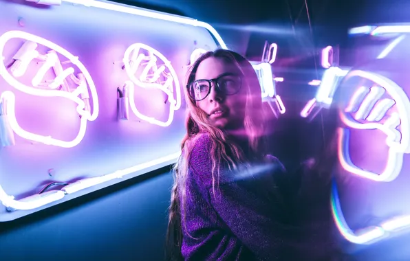 Picture light, lights, Girl, neon, glasses, Ruslan Nurahmadov