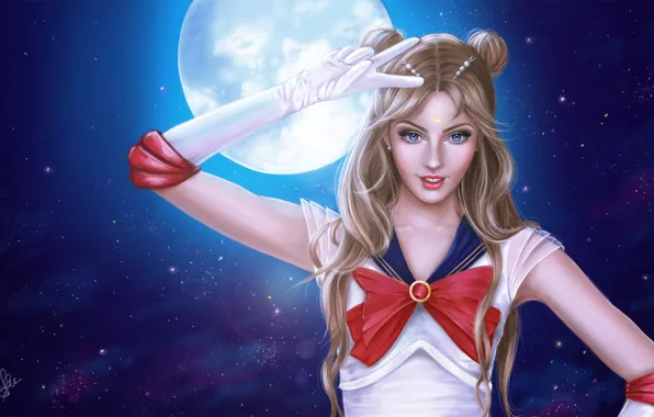 Look, girl, night, the moon, anime, art, costume, Sailor moon