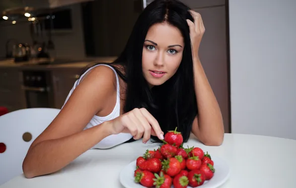 Girl, table, strawberries, Macy B, hands on head, looking at viewer