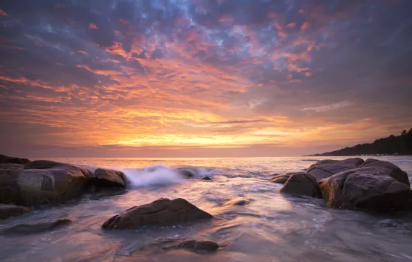 Sea, wave, beach, summer, the sky, sunset, stones, shore