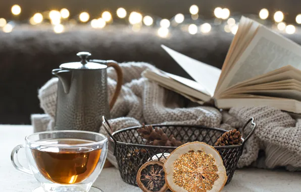 Picture light, lights, comfort, table, tea, kettle, Cup, book