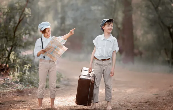Road, forest, nature, children, map, suitcase, journey, boys