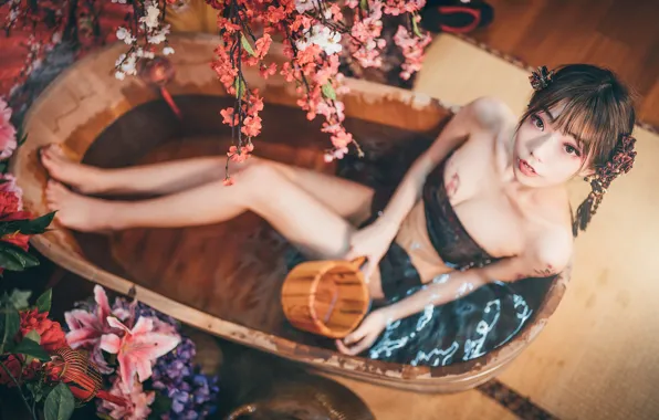 Chest, look, water, girl, flowers, branches, face, style