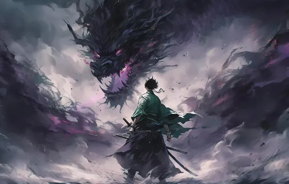 Picture dragon, samurai, Fantasy