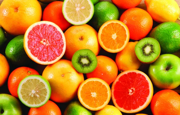 Oranges, kiwi, fruit, lemons, grapefruit