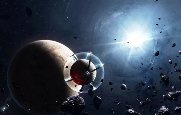 Spaceship, planets, gleaming streans