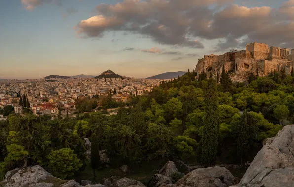 Forest, clouds, trees, mountains, the city, stones, castle, view