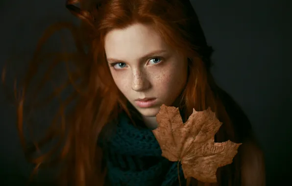 Picture sadness, girl, sheet, portrait, freckles, autumn