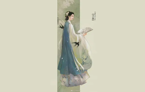Girl, fan, China, swallows, hanfu