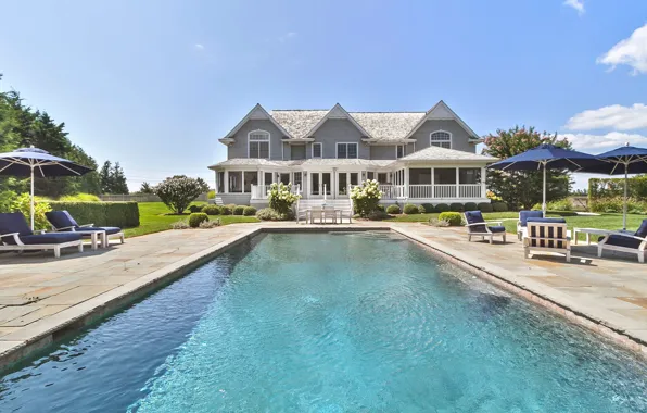 Summer, pool, umbrellas, architecture, cottage, mansion, terrace, sun loungers