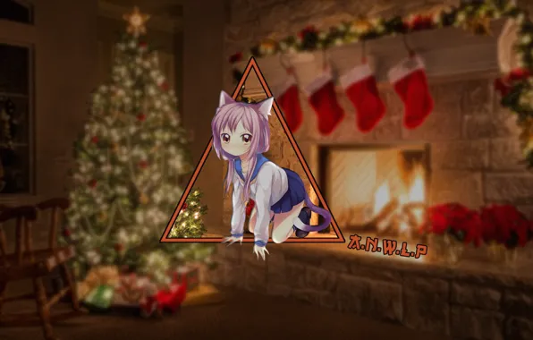 New year, anime, tree, fireplace, anime, Chan, madskillz