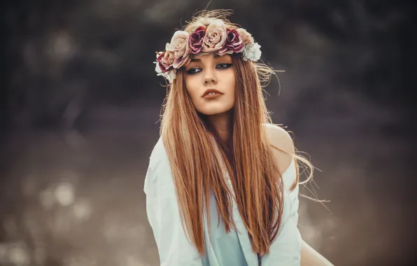 Picture model, portrait, makeup, hairstyle, shirt, brown hair, beauty, wreath