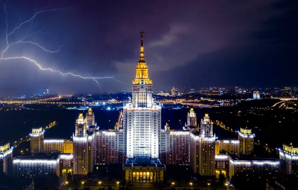 The storm, clouds, the city, lightning, building, the evening, lighting, Moscow