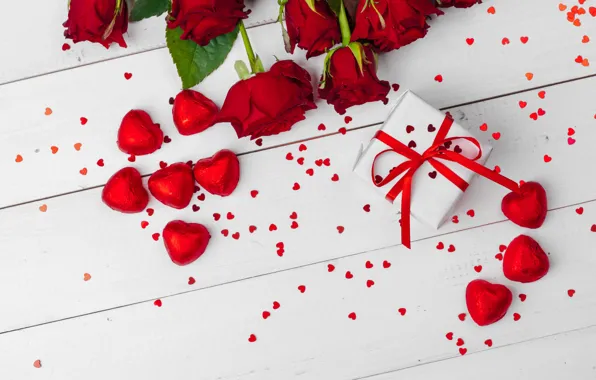 Gift, romance, roses, candy, hearts