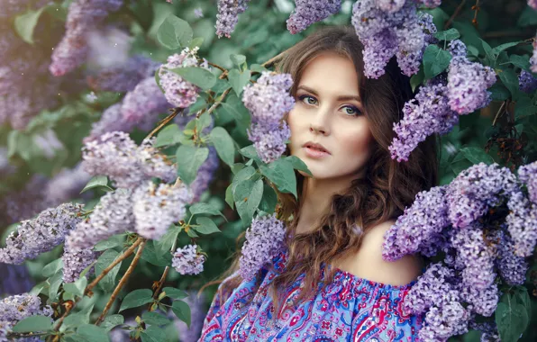 Picture look, girl, face, spring, brown hair, lilac, Renat Fotov