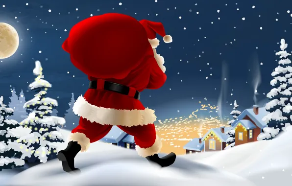 Winter, Night, Snow, The moon, Christmas, New year, Santa Claus, Tree