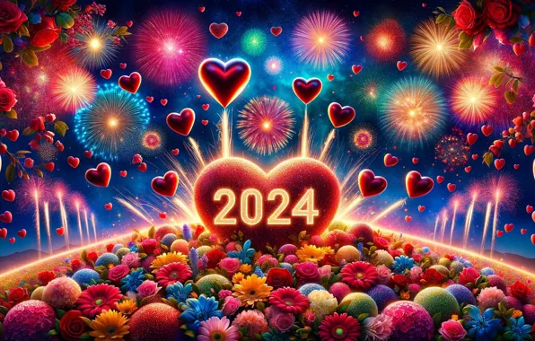 Flowers, lights, salute, heart, Christmas, figures, New year, date