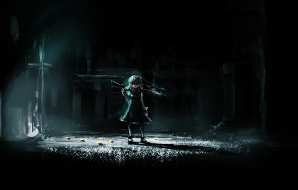 Night, anime, girl, shotgun