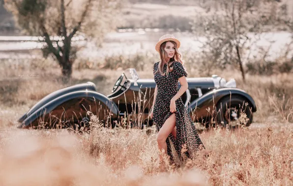 Picture auto, girl, retro, hat, dress