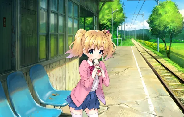 The sky, girl, clouds, trees, nature, wire, rails, station