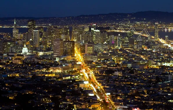 Water, bridge, the city, lights, street, building, San Francisco, USA