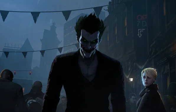 The city, street, the crowd, lantern, joker, fan art, Batman: Arkham Origins